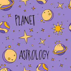Pattern for Astrological forecast, horoscope, planets, stars, zodiac signs, icons for astrologer, fortuneteller, witch, magic, occultism, prediction.