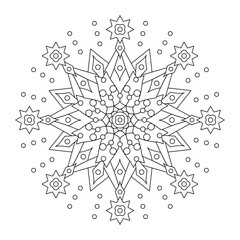 Abstract mandala, centerpiece or whimsical snowflake line art design or coloring page
