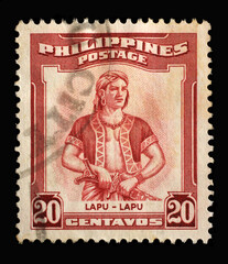 Stamp printed in Philippines shows portrait of Lapu-Lapu (1491-1542) was the datu of Mactan, an island in the Visayas, Personalities series, circa 1955