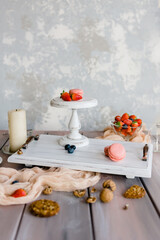 Strawberries on a cake stand. Homemade healthy breakfast and romantic dessert.