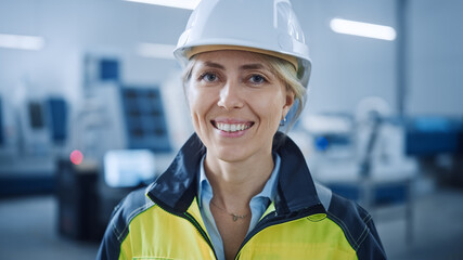 Portrait of Beautiful Smiling on Camera Female Engineer in Safety Vest and Hardhat. Professional...