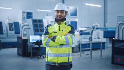 Portrait of Handsome Indian Engineer Wearing Safety Vest and Hardhat Smiles with Crossed Arms. Professional Man Working in the Modern Manufacturing Factory. Facility with CNC Machinery and robot arm