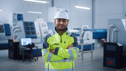 Portrait of Handsome Indian Engineer Wearing Safety Vest and Hardhat Smiles with Crossed Arms. Professional Man Working in the Modern Manufacturing Factory. Facility with CNC Machinery and robot arm