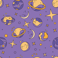 Seamless pattern with cartoon planets, stars and asteroids. Space background. Vector planets illustration. Wallpaper with space for children, cartoon ornaments for boys. Textile for kids