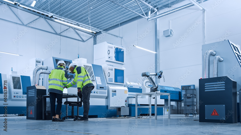Poster Chief Engineer and Project Manager Wearing Safety Vests and Hard Hats, Use Digital Tablet Controller in Factory, Optimizing CNC Machinery,Programming Machine for Increasing Production Line Efficiency 