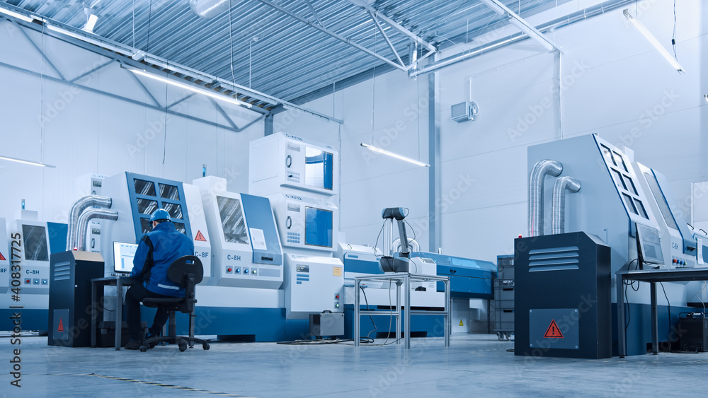 Aufkleber Chief Engineer in Safety Vest and Hard Hat, Use Digital Tablet Controller in Factory, Optimizing CNC Machinery, Programming Machine for Increasing Production Line Efficiency 