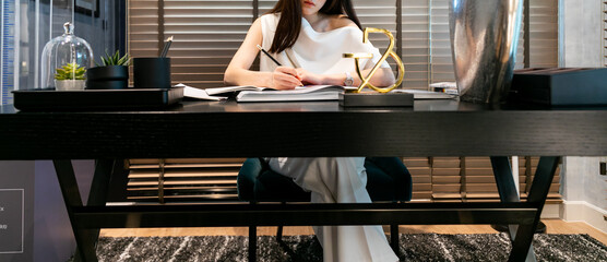 Young lady in modern desk in office, Paper Working