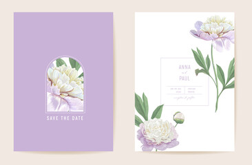 Wedding peony floral Save the Date set. Vector spring flowers, leaves boho invitation card. Watercolor template