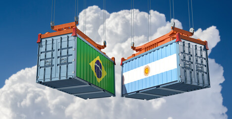 Freight containers with Brazil and Argentina flag. 3D Rendering 