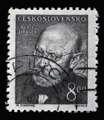 Stamp printed in Czechoslovakia shows portrait of Aloisk Jirasek, Czech writer and public figure....