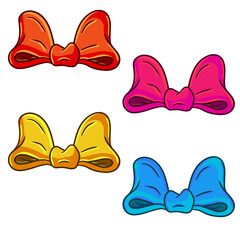 Bow. Clothing decoration and women hair accessories. Set of red and pink, yellow and blue objects. Cartoon illustration collection