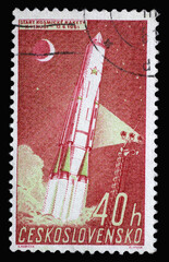 Stamp printed in Czechoslovakia from the Space Research issue shows launching cosmic rocket, circa 1961