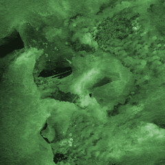 Green ink and watercolor texture on white paper background. Paint leaks and decalcomania effects. Hand-painted gouache abstract image. Mess on the canvas.