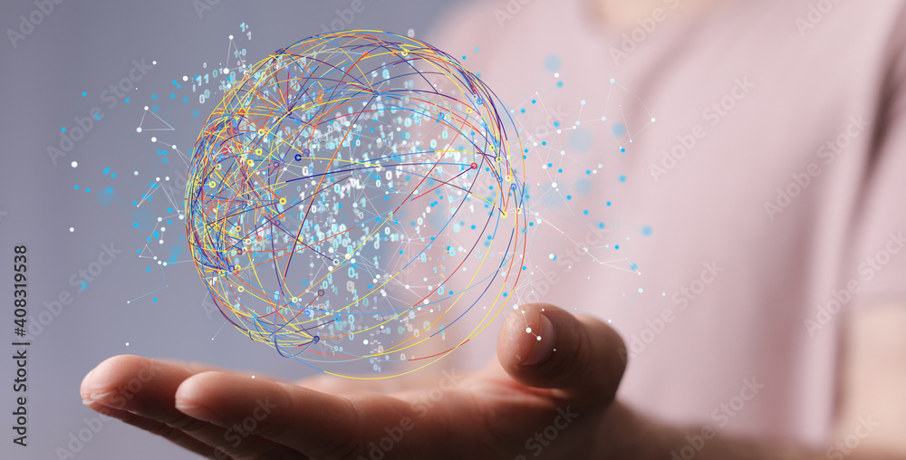 Poster Data cloud storage network from lines, triangles and particle style design.