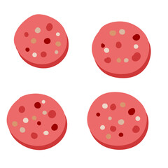 Piece of sausage. Meat food slice. Kielbasa with fat. Polish pork delicacy and ingredient. Flat cartoon illustration