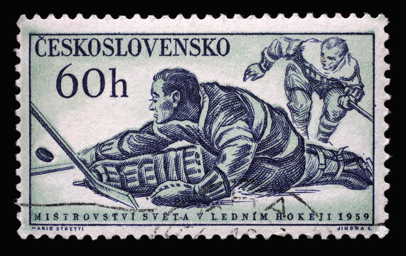 Stamp printed in Czechoslovakia shows a picture of a hockey players, with the inscription Championship ice hockey world, 1959, circa 1959