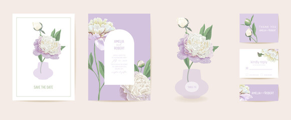 Modern minimal Art Deco wedding vector Invitation set. Boho peony flower card template