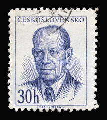 Stamp printed in Czechoslovakia shows portrait of the President Antonin Zapotocky, circa 1953