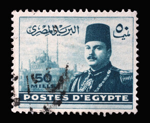Stamp printed in Egypt shows King Farouk in front of Cairo Citadel, circa 1947