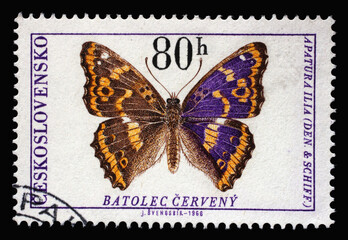 Fototapeta na wymiar Stamp printed in Czechoslovakia shows Lesser Purple Emperor (Apatura ilia), circa 1966