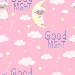 Sweet dreams seamless pattern for bedding on pink background with cute sheep sleeping on moon, clouds and stars around