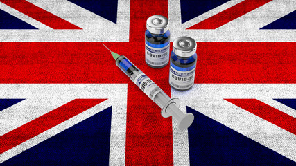 A syringe and two bottles of COVID-19 vaccine on a UK flag. Covid vaccination in Great Britain. 3d illustration