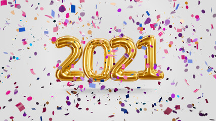 Obraz premium 3d render Inscription 2021 from golden balloons on a white background with candy