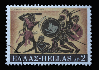 Stamp printed in Greece shows Hercules Deeds - Hercules and Geryon, circa 1970