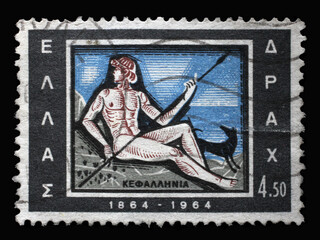 Stamp printed in Greece shows Prince Kephalos - Kephalonia island, Centenary of union of the Ionian...