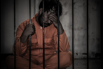 Asian man desperate at the iron prison,prisoner concept,thailand people,Hope to be free,Serious...