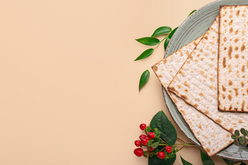 Plate with Jewish flatbread matza for Passover on color background