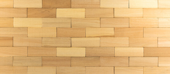 Wooden wall from block stacks, wooden pegs texture banner