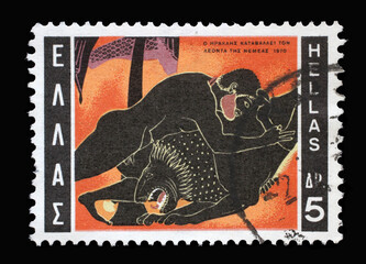 Stamp printed in Greece shows Hercules Deeds - Hercules and the Nemea Lion, circa 1970