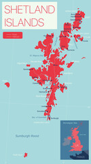 Shetland islands detailed editable map with regions cities and towns, roads and railways, geographic sites. Vector EPS-10 file
