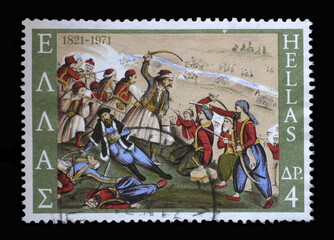 Stamp printed in Greece shows the death of Isaiah, bishop of Salona in battle, 150th Anniversary of War of Independence, circa 1971