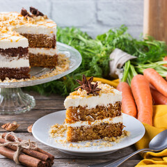 Homemade easter carrot cake with walnuts, nuts, spices