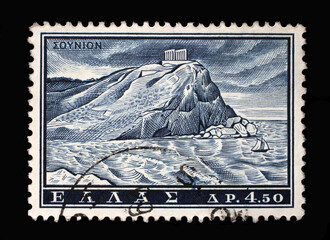 Stamp printed in Greece shows Temple of Poseidon, Cape Sounion, circa 1961