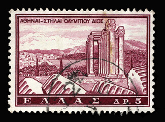 Stamp printed in Greece shows Temple of Zeus, Athens, circa 1961