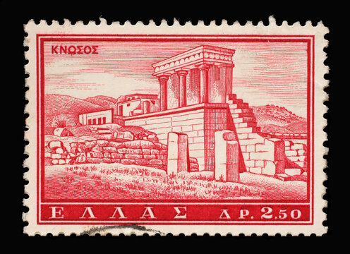 Stamp printed in Greece shows image of Knossos, the largest Bronze Age archaeological site on Crete, circa 1961