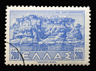 Stamp printed in Greece shows Pantokratoros Monastery, Mt Athos, circa 1942
