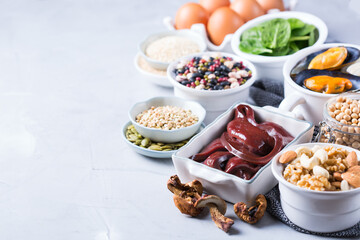 Foods high in iron, healthy dieting eating concept