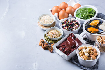 Foods high in iron, healthy dieting eating concept
