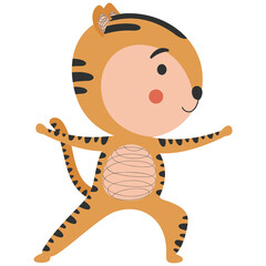 Funny single cute tiger in yoga asana warrior Virabhadrasana 2 on a white background. For printing on baby products, fabric, clothing, sticker. Vector.