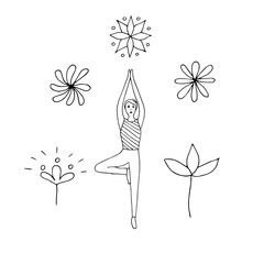 Yoga set, vector doodle illustration, woman in the tree pose and flowers