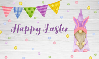 Happy Easter watercolor background, gnome, colored flags.