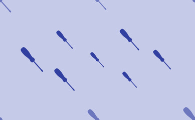Seamless pattern of large isolated blue screwdriver symbols. The pattern is divided by a line of elements of lighter tones. Vector illustration on light blue background