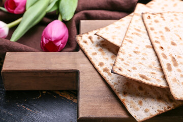 Jewish flatbread matza for Passover on table