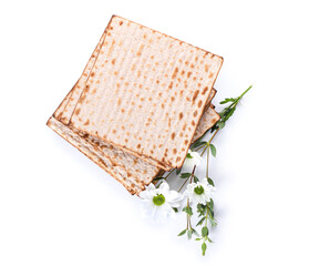 Jewish flatbread matza for Passover and flowers on white background