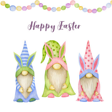 Happy easter watercolor background, gnomes bunnies. Greeting card.