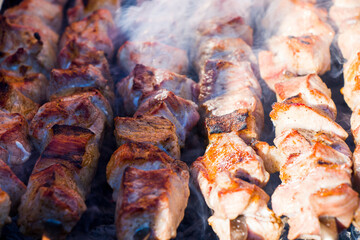 Georgian traditional dish, Mtsvadi on the fire, raw meal on the grill, barbeque